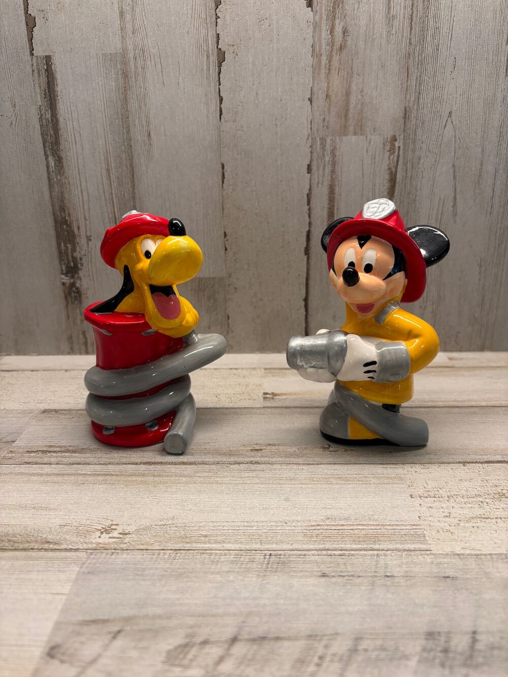 Vintage Mickey and Pluto Firefighter Salt & Pepper Shakers